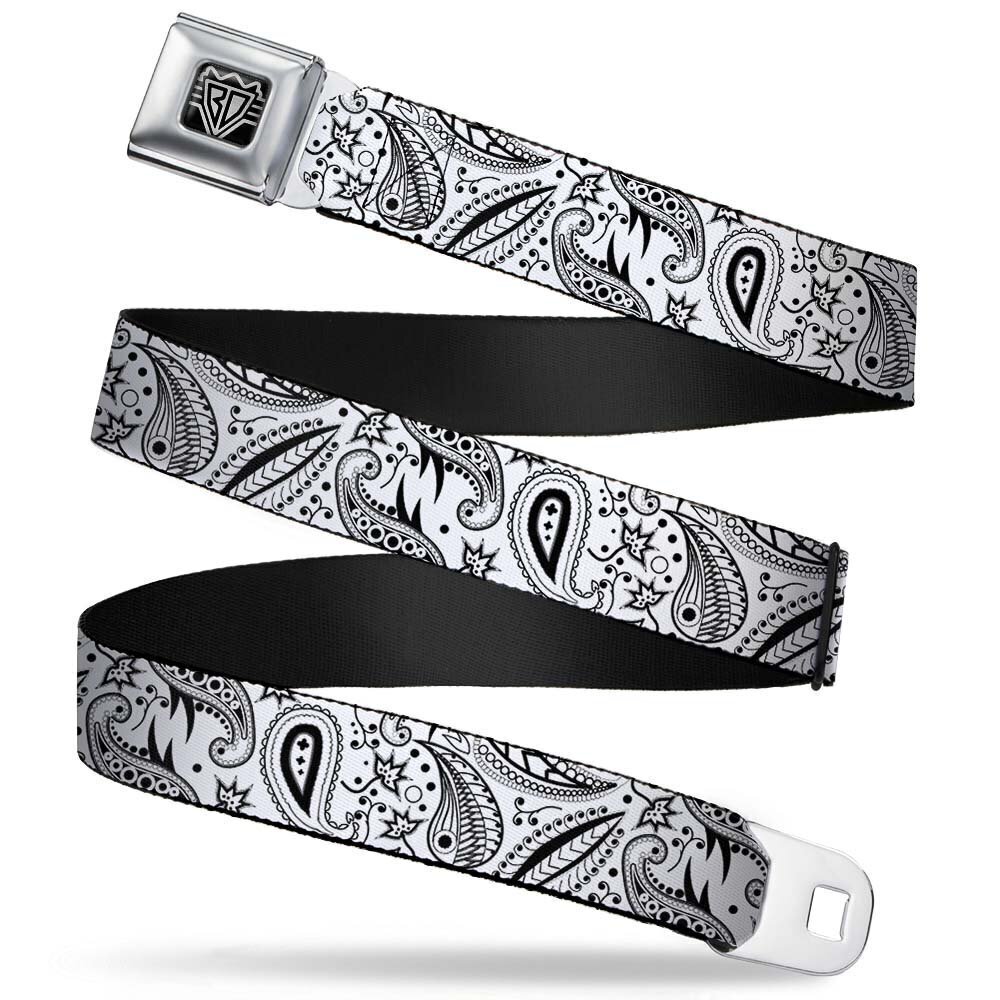 8181 Seatbelt Belt - Floral Paisley3 White/Black - 1.0" Wide - 20-36 Inches